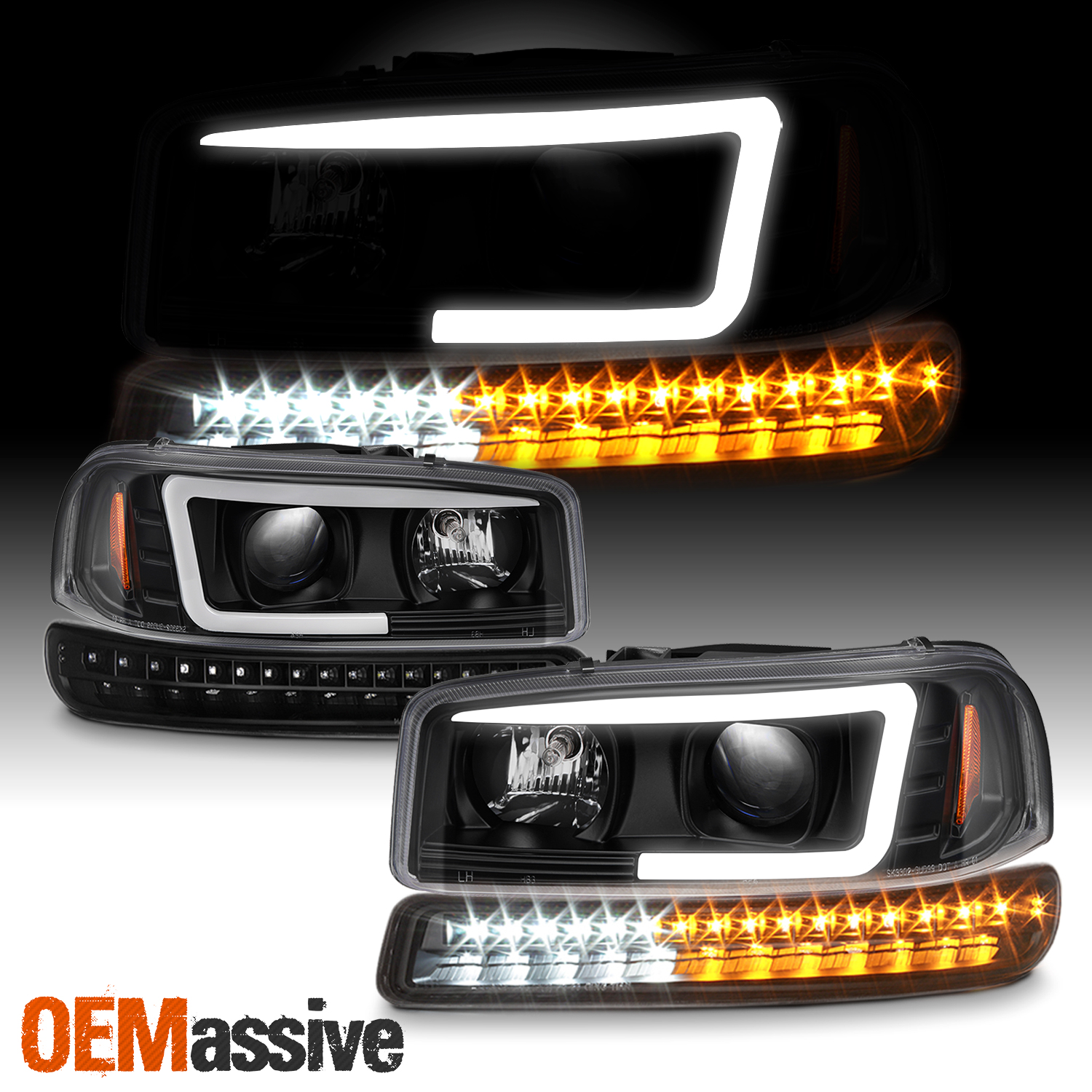 For 9906 GMC Yukon Sierra Black LED Tube Projector Headlight + LED