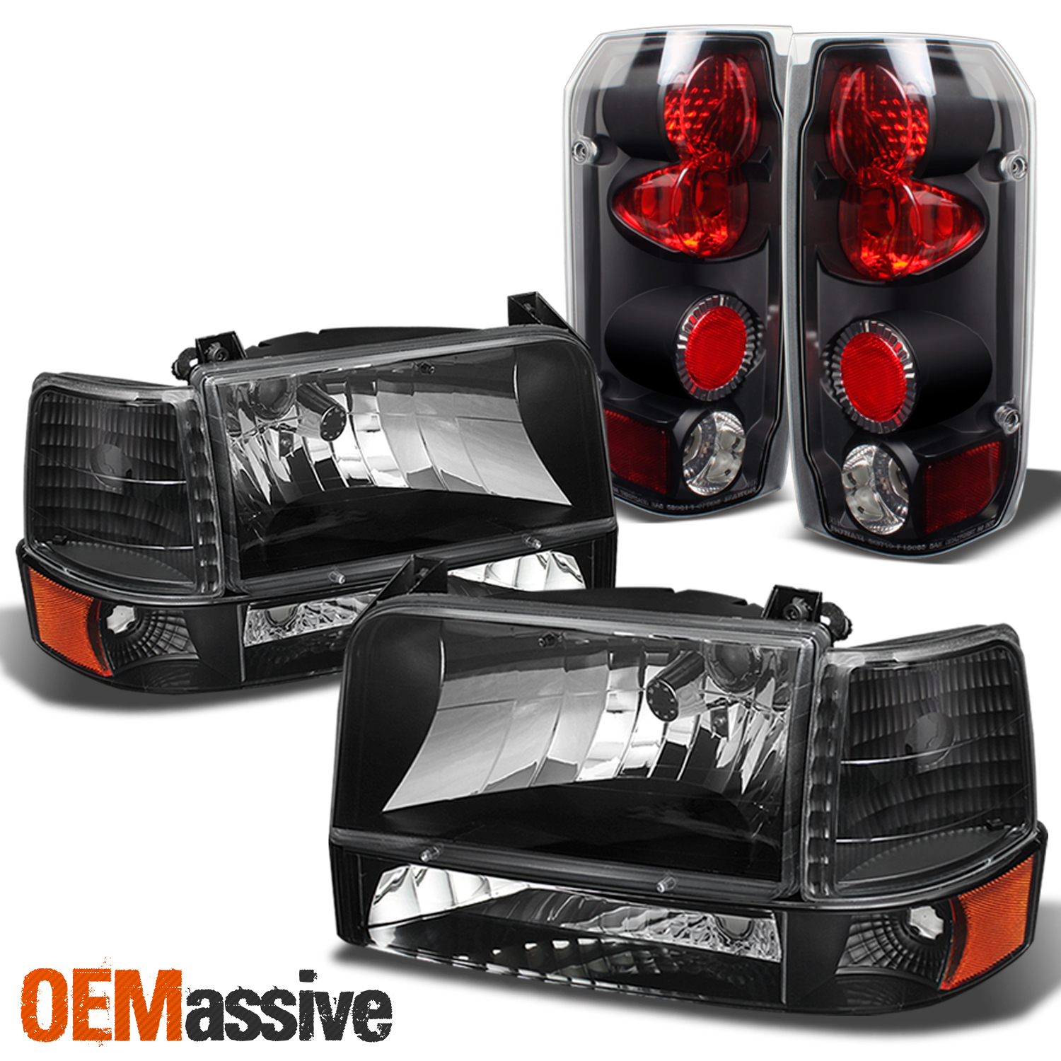 FIT 19921996 F150 F250 F350 Black Headlights+Corner+Bumper+Black Tail