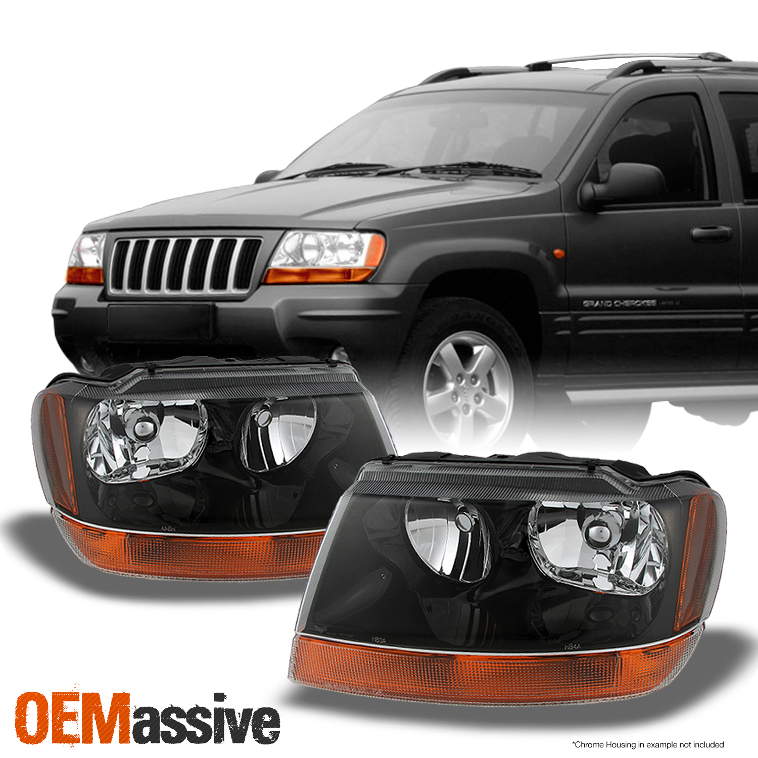 Fit 99-04 Jeep Grand Cherokee Black Projector Headlights Head Lamp Replacement